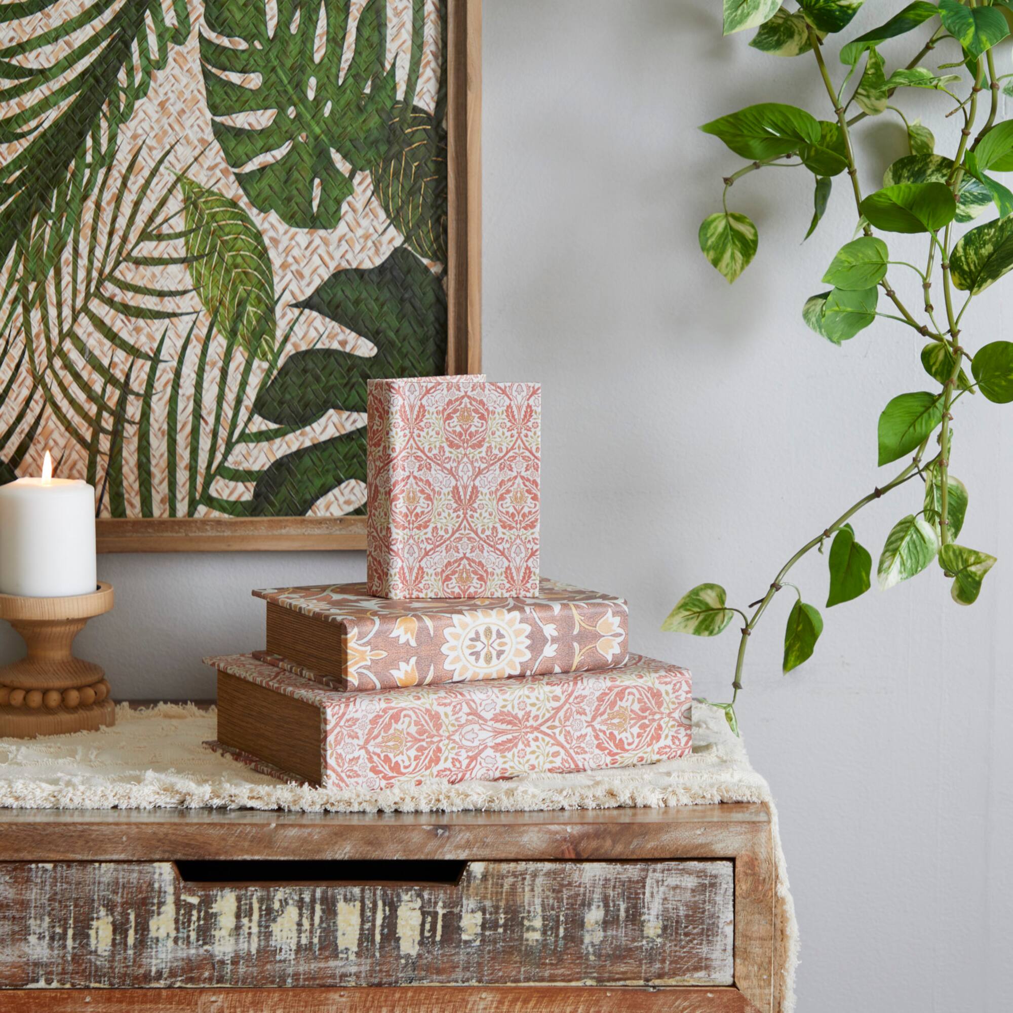 Orange Floral Faux Leather Faux Book Box Set